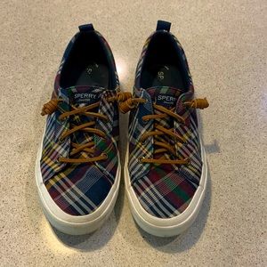 Women’s Sperry Topsiders, Navy, burgundy and cream plaid, size 9.